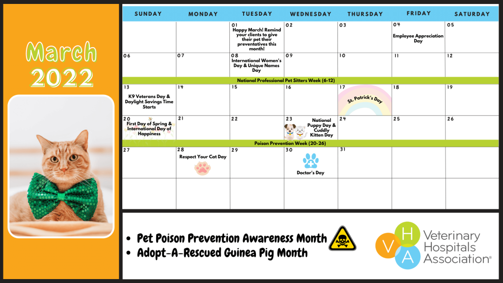 Calendar of pet related events for social media posts for March