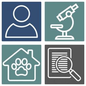 Graphic of a career profile, a microscope, a veterinary clinic for sale